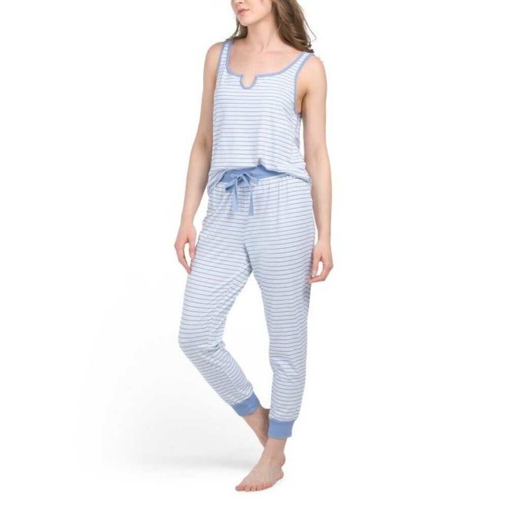 Splendid Womens Blue Striped Split Neck Tank Top Jogger Pajama Sets Sz L New